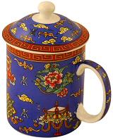 Peonies on Royal Blue Tea Cup with Lid