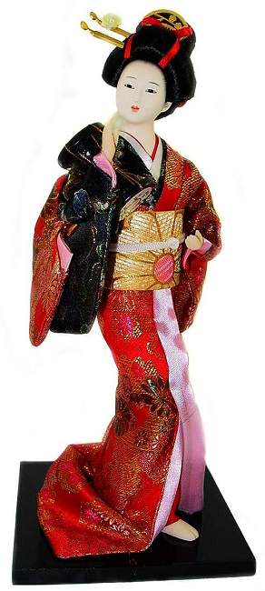 Geisha w/Drum in Red & Black - Porcelain Geisha Doll